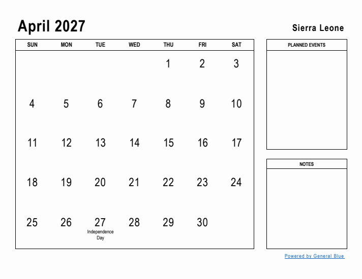 April 2027 Printable Monthly Calendar with Sierra Leone Holidays