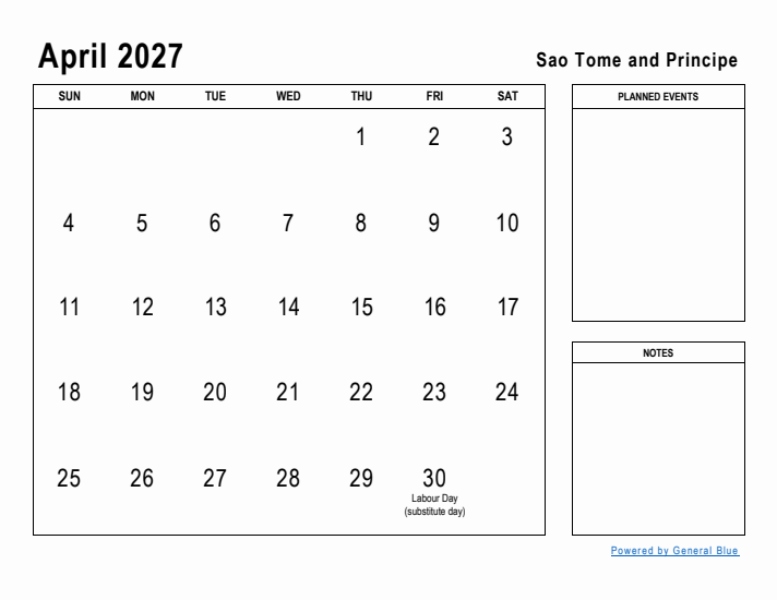 April 2027 Printable Monthly Calendar with Sao Tome and Principe Holidays