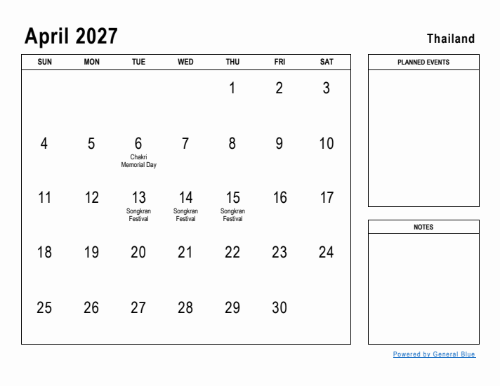 April 2027 Printable Monthly Calendar with Thailand Holidays