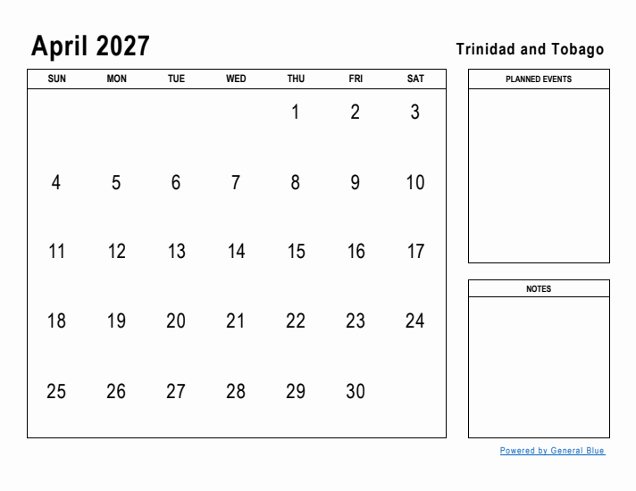 April 2027 Printable Monthly Calendar with Trinidad and Tobago Holidays