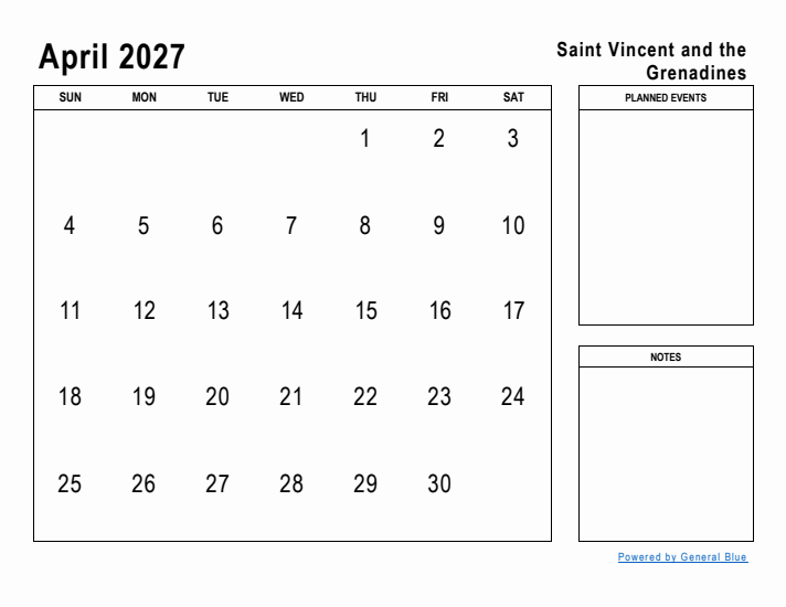 April 2027 Printable Monthly Calendar with Saint Vincent and the Grenadines Holidays