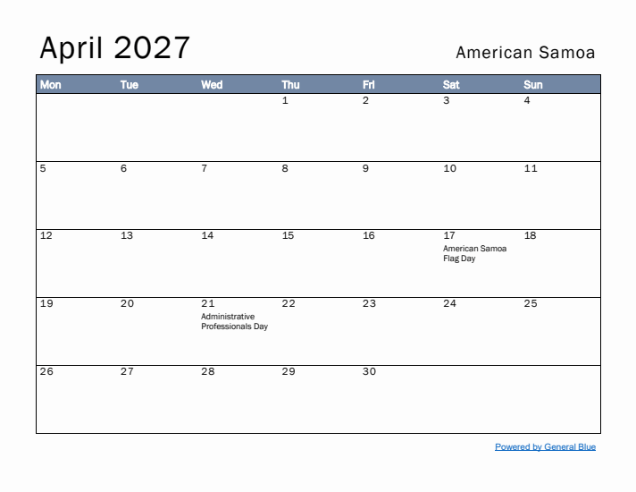 April 2027 Simple Monthly Calendar for American Samoa