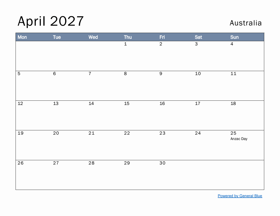 Free Monthly Calendar Template for April 2027 with Australia Holidays ...