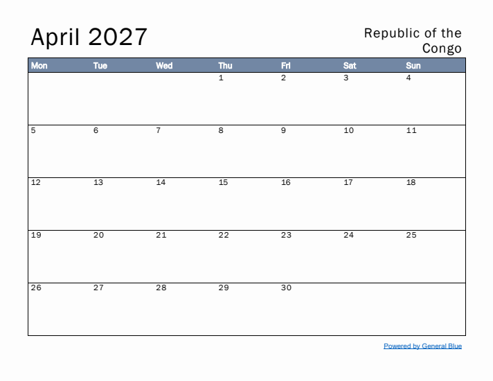 April 2027 Simple Monthly Calendar for Republic of the Congo
