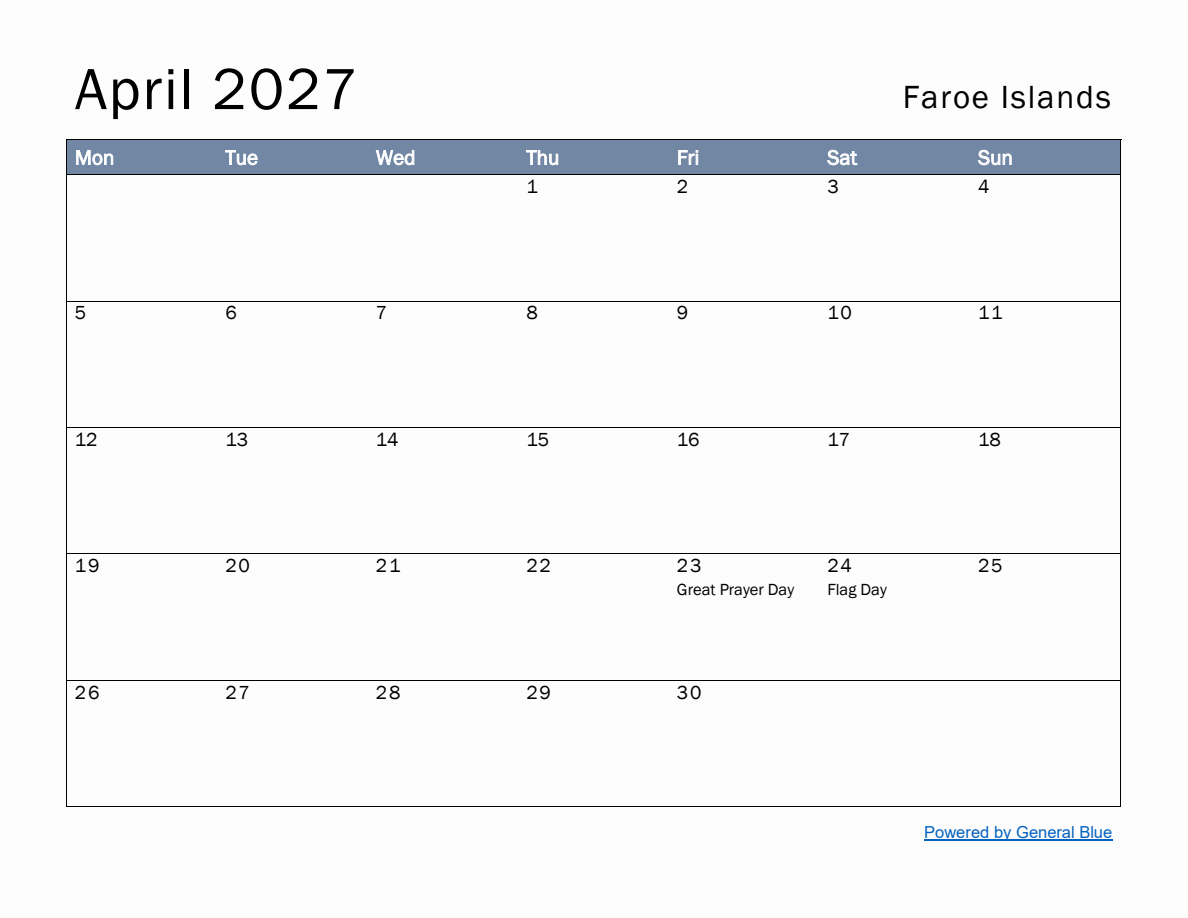 Free Monthly Calendar Template for April 2027 with Faroe Islands ...