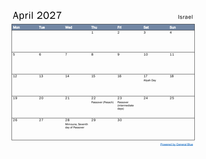 April 2027 Simple Monthly Calendar for Israel