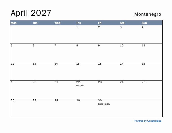 April 2027 Simple Monthly Calendar for Montenegro