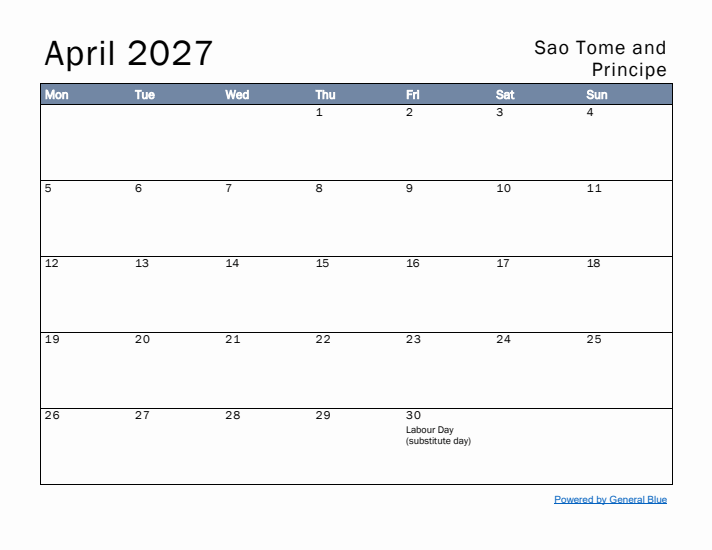 April 2027 Simple Monthly Calendar for Sao Tome and Principe