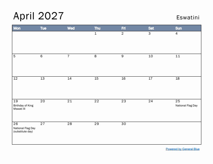 April 2027 Simple Monthly Calendar for Eswatini