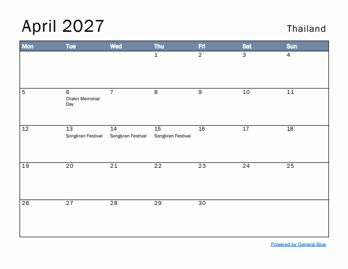 April 2027 Simple Monthly Calendar for Thailand