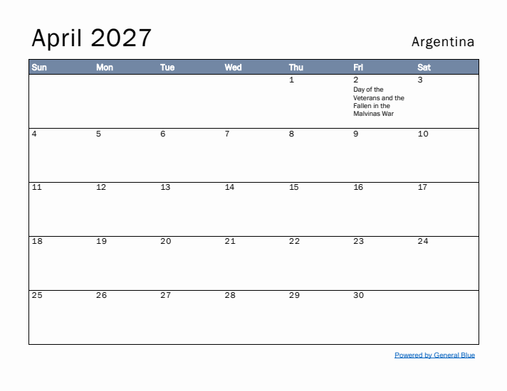 April 2027 Simple Monthly Calendar for Argentina