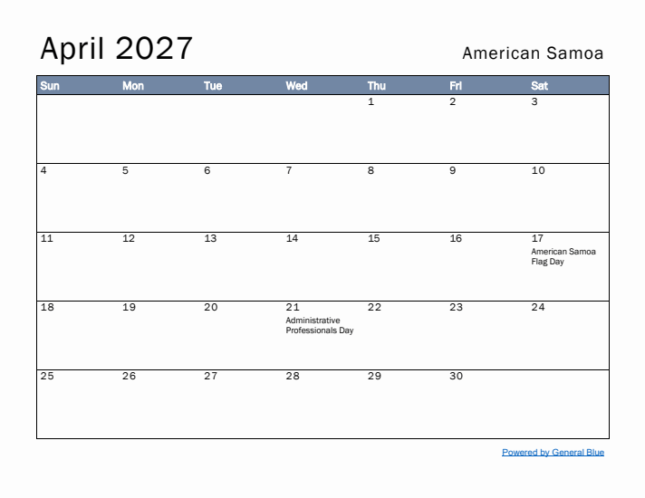 April 2027 Simple Monthly Calendar for American Samoa