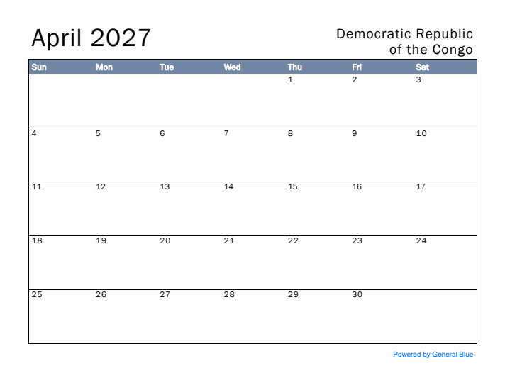 April 2027 Simple Monthly Calendar for Democratic Republic of the Congo