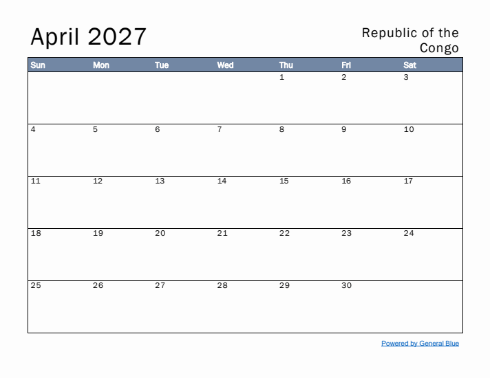 April 2027 Simple Monthly Calendar for Republic of the Congo