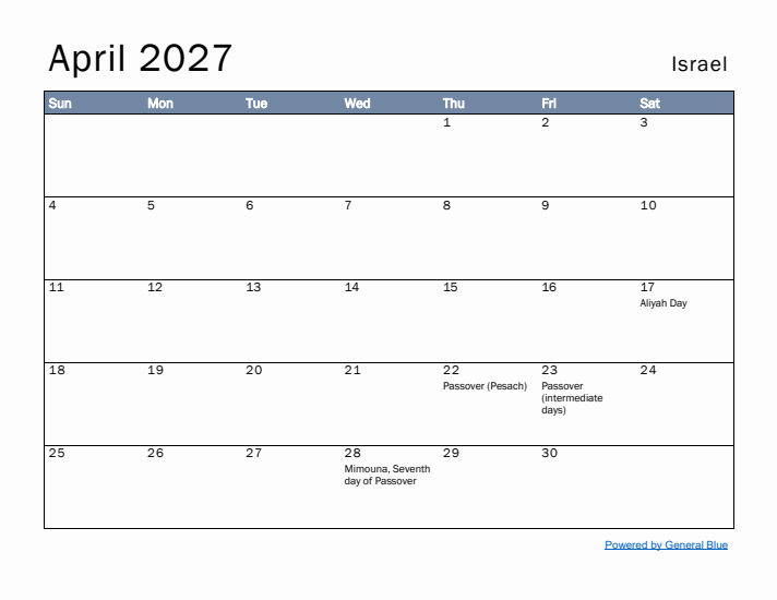 April 2027 Simple Monthly Calendar for Israel