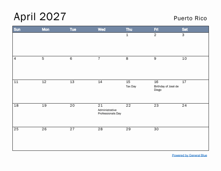 April 2027 Simple Monthly Calendar for Puerto Rico