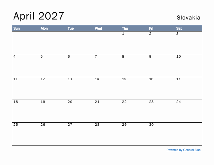 April 2027 Simple Monthly Calendar for Slovakia