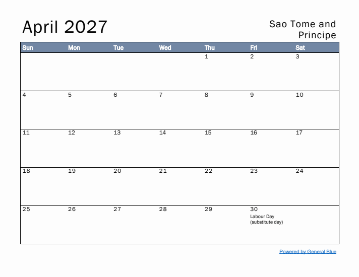 April 2027 Simple Monthly Calendar for Sao Tome and Principe