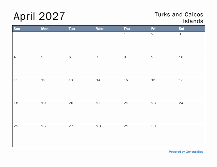 April 2027 Simple Monthly Calendar for Turks and Caicos Islands