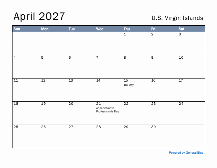 April 2027 Simple Monthly Calendar for U.S. Virgin Islands