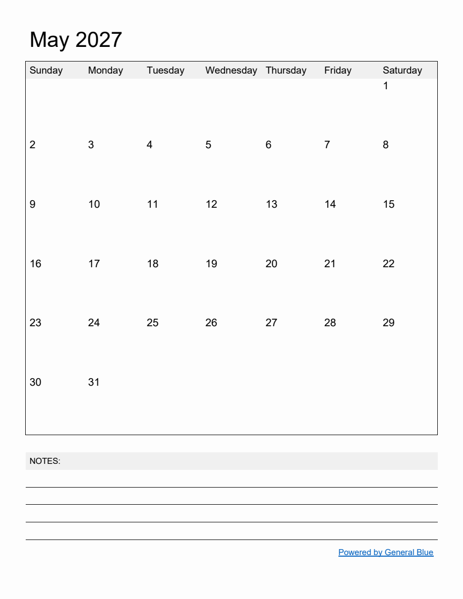 Free Printable Monthly Calendar for May 2027