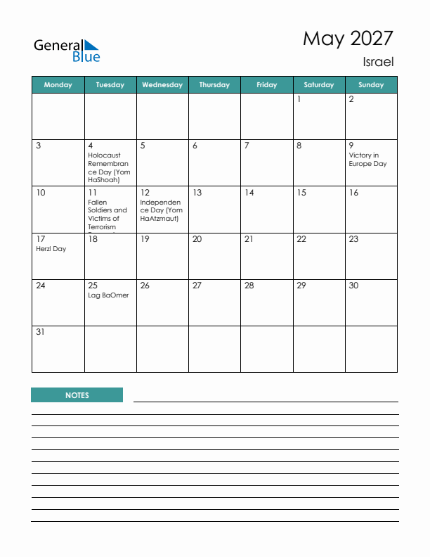 Calendar with Notes Printable - Monday Start
