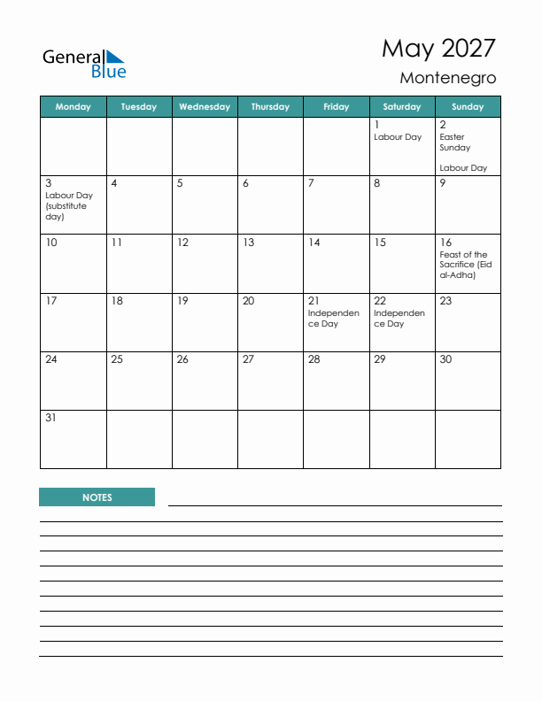 Calendar with Notes Printable - Monday Start