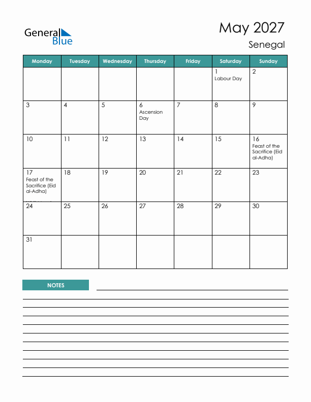 Calendar with Notes Printable - Monday Start