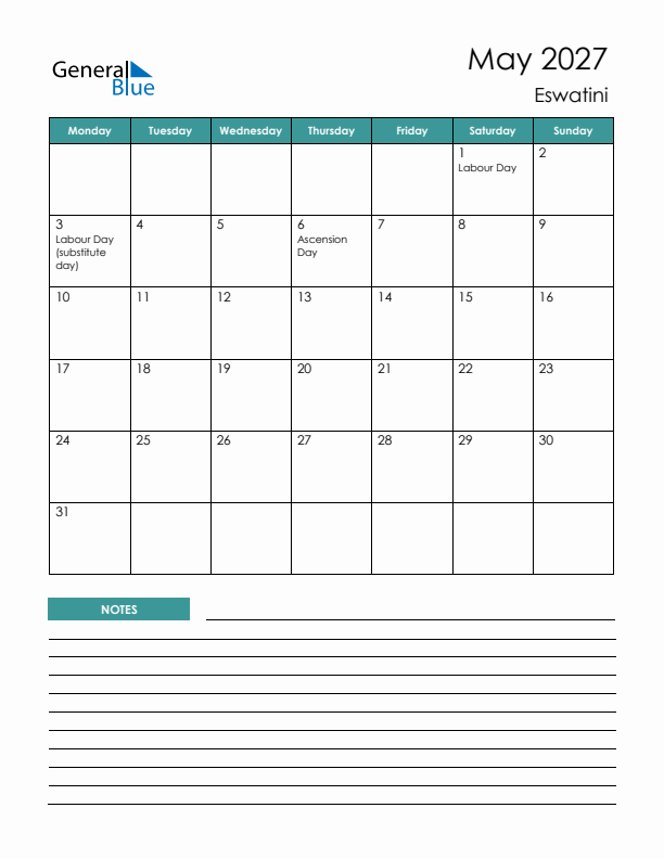 Calendar with Notes Printable - Monday Start