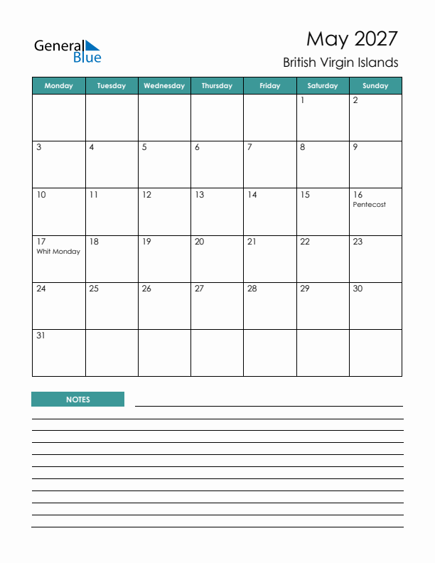 Calendar with Notes Printable - Monday Start