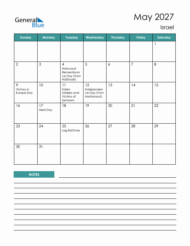 Calendar with Notes Printable - Sunday Start