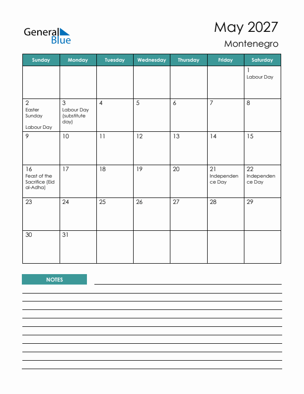Calendar with Notes Printable - Sunday Start