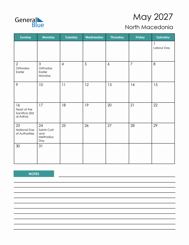Calendar with Notes Printable - Sunday Start