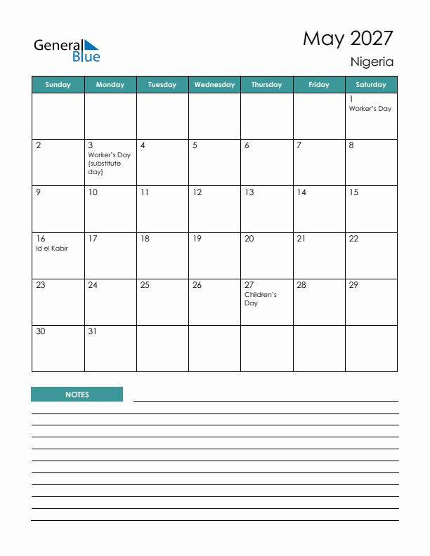 Calendar with Notes Printable - Sunday Start