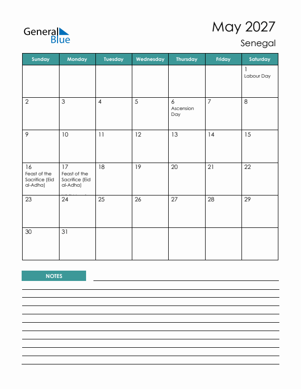 Calendar with Notes Printable - Sunday Start