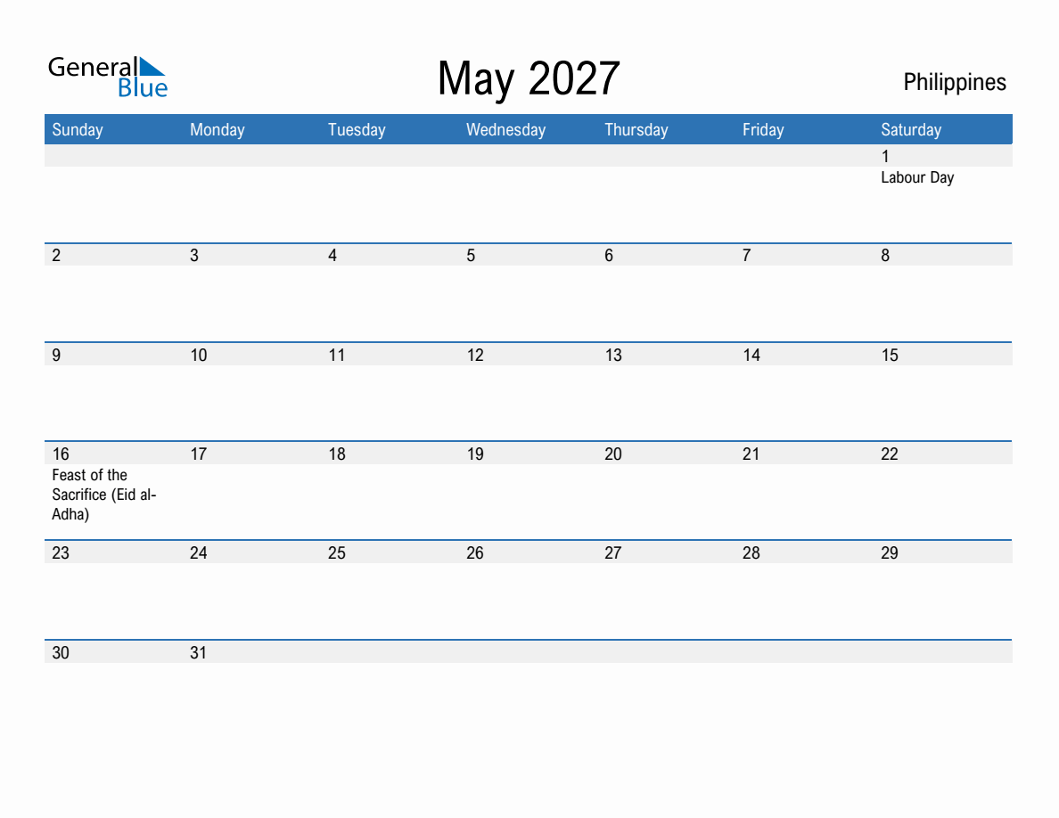 May 2027 Monthly Calendars with Philippines Holidays