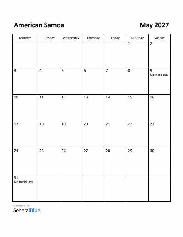 May 2027 Calendar with American Samoa Holidays
