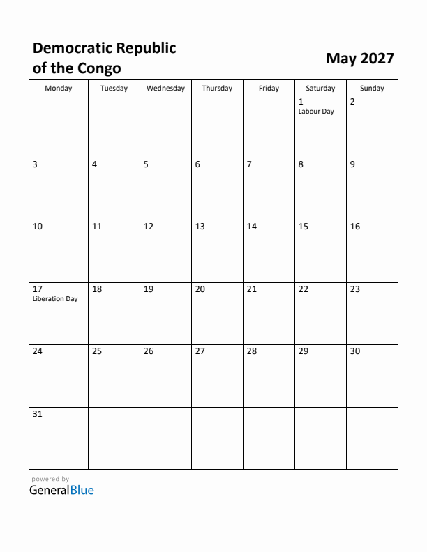 May 2027 Calendar with Democratic Republic of the Congo Holidays