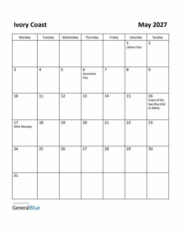 May 2027 Calendar with Ivory Coast Holidays