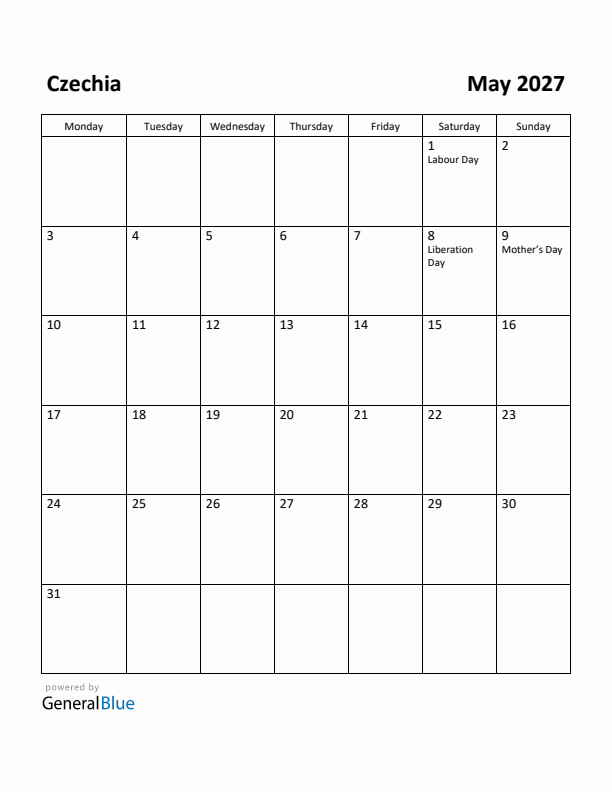 May 2027 Calendar with Czechia Holidays