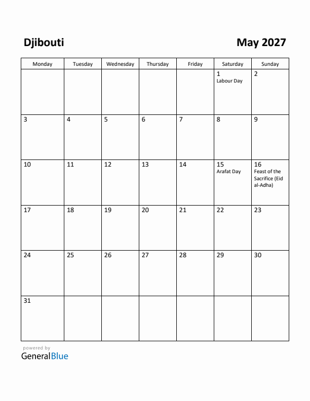 May 2027 Calendar with Djibouti Holidays