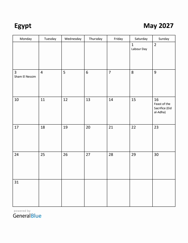 May 2027 Calendar with Egypt Holidays