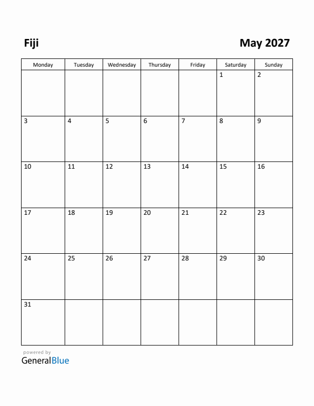 May 2027 Calendar with Fiji Holidays