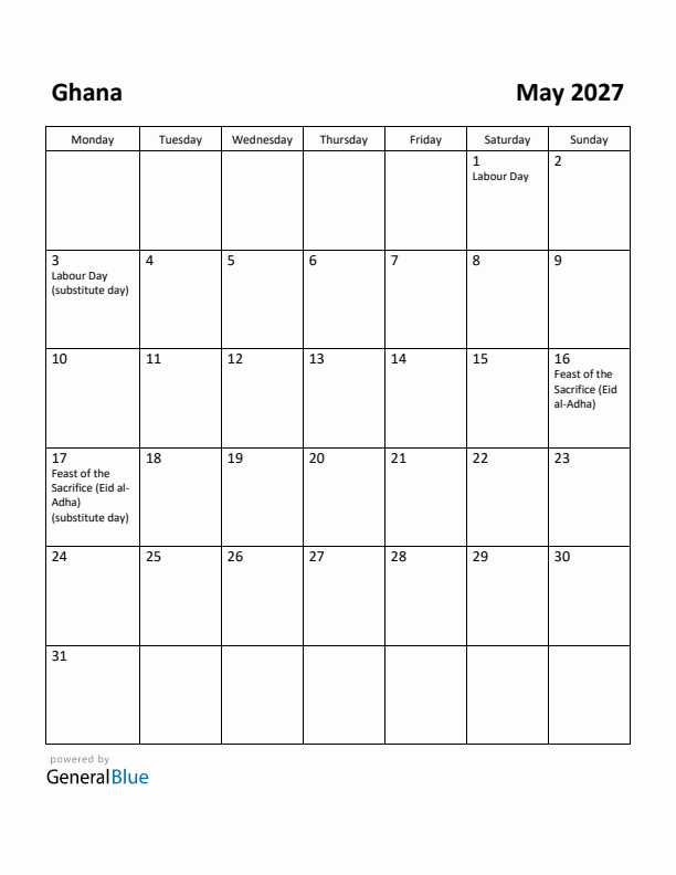 May 2027 Calendar with Ghana Holidays