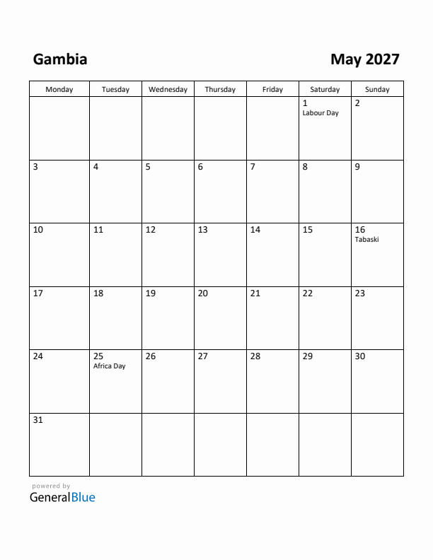 May 2027 Calendar with Gambia Holidays
