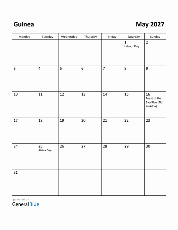 May 2027 Calendar with Guinea Holidays