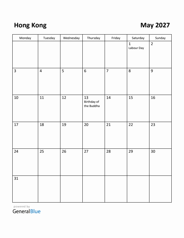 May 2027 Calendar with Hong Kong Holidays
