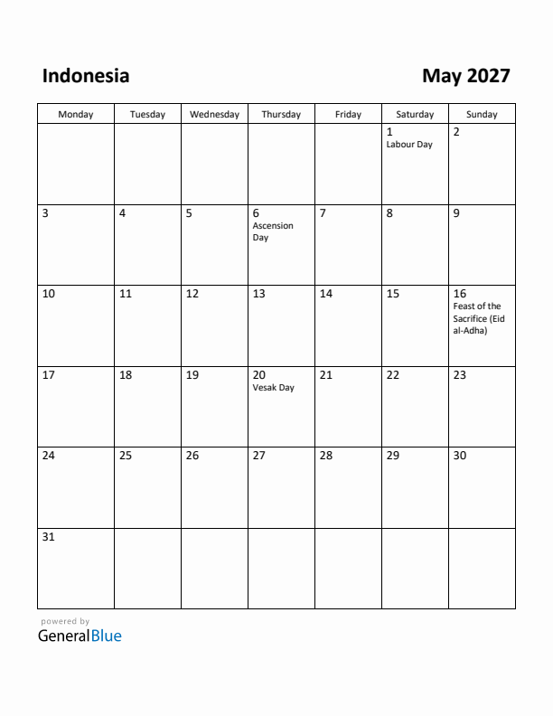 May 2027 Calendar with Indonesia Holidays