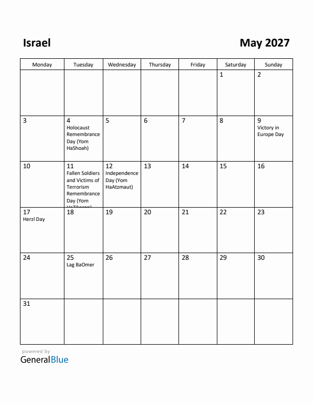 May 2027 Calendar with Israel Holidays