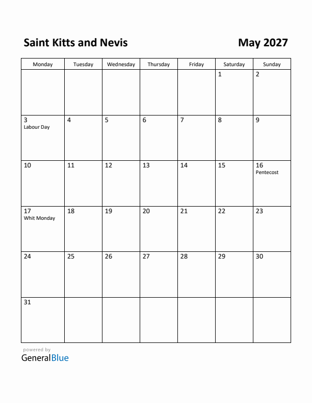May 2027 Calendar with Saint Kitts and Nevis Holidays